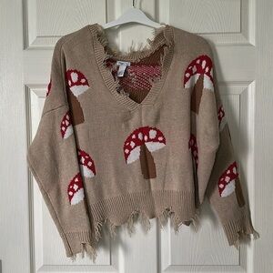 Rue21 Tan Mushroom Pattern Distressed Sweater with Red and White Accents